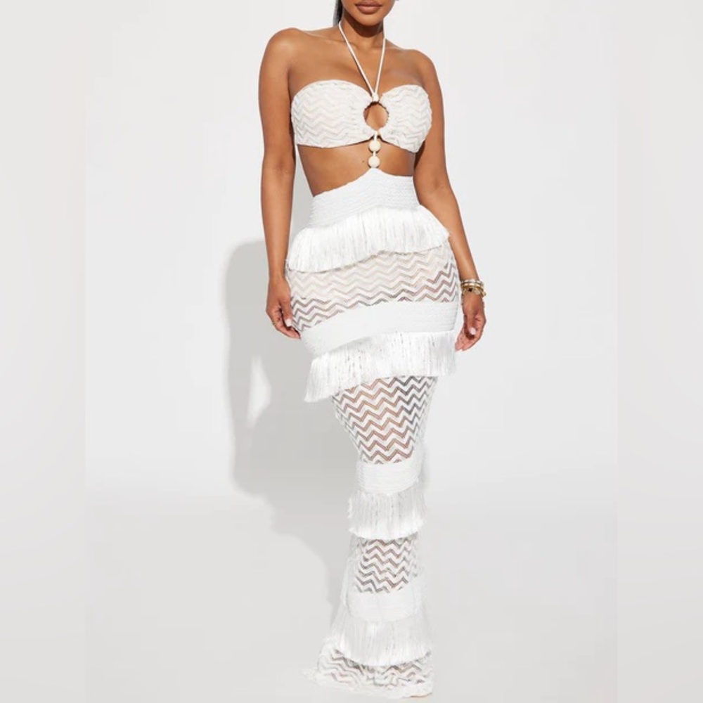 Fashion Nova White Cutout Fringe Sheer Maxi Dress